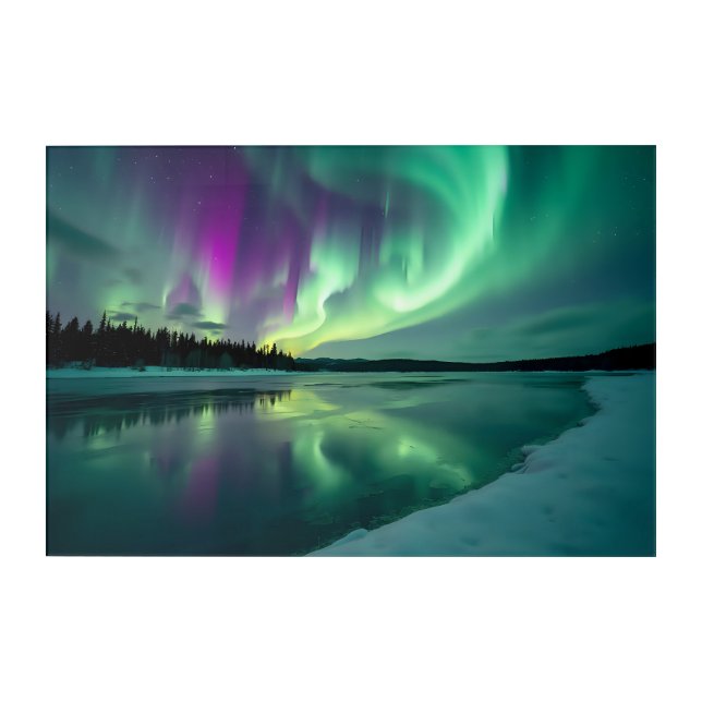 Northern Lights Aurora Borealis Over Frozen Lake Acrylic Print (Front)