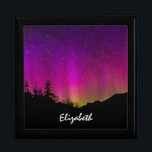 Northern Lights Aurora Borealis Starry Night Sky Jewelry Box<br><div class="desc">A beautiful night time landscape. The mountains and trees appear as a black silhouette against a bright and vivid display of northern lights shimmering above. This exciting night sky glows in pink,  purple and yellow.</div>