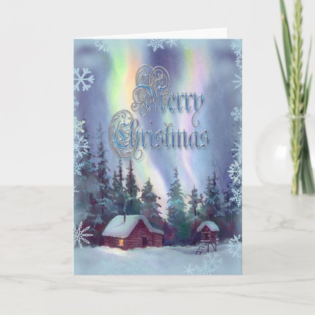 NORTHERN LIGHTS & CABIN by SHARON SHARPE Holiday Card (Front)