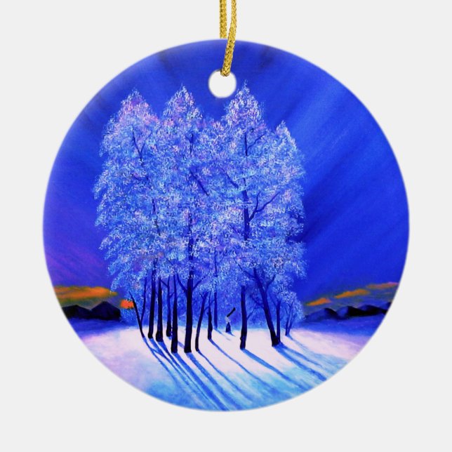 Northern Lights Christmas Snow Trees Ceramic Ornament (Front)