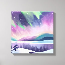Northern Lights Colorful Winter Night | Watercolor Canvas Print