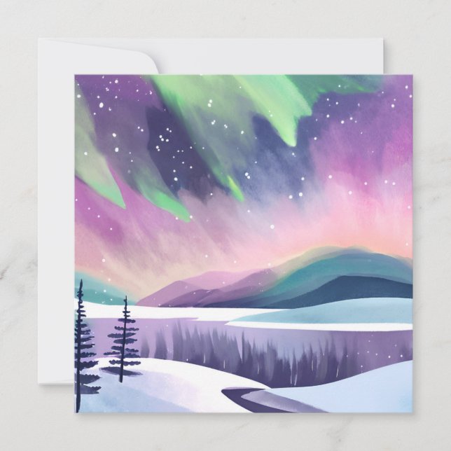 Northern Lights Colorful Winter Night | Watercolor Card (Front)