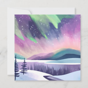 Northern Lights Colorful Winter Night Watercolor Card