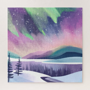 Northern Lights Colorful Winter Night Watercolor Jigsaw Puzzle
