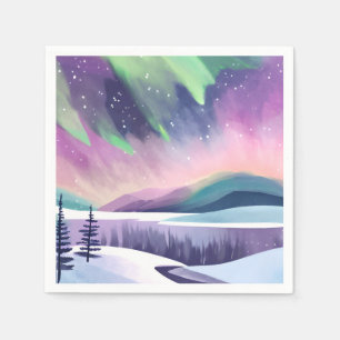 Northern Lights Colorful Winter Night   Watercolor Napkins