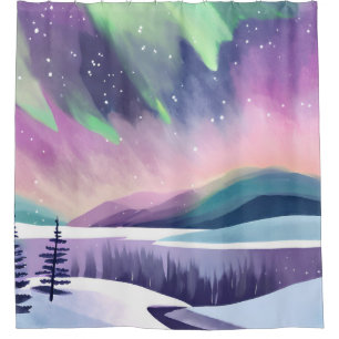Northern Lights Colorful Winter Night Watercolor Shower Curtain