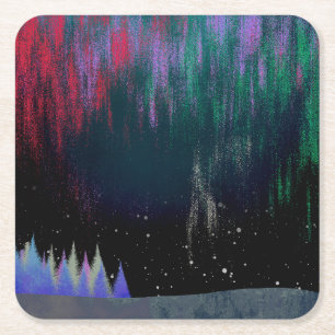 Northern Lights Contemporary Landscape Square Paper Coaster