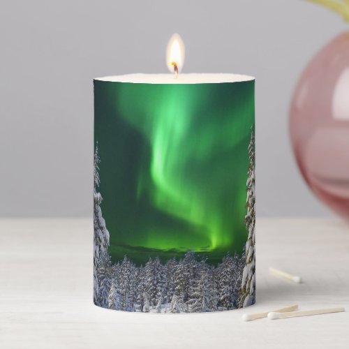 Northern lights during winter pillar candle