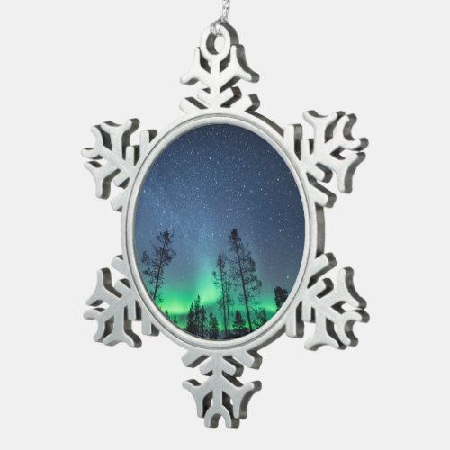 Northern Lights Forest Snowflake Pewter Christmas Ornament