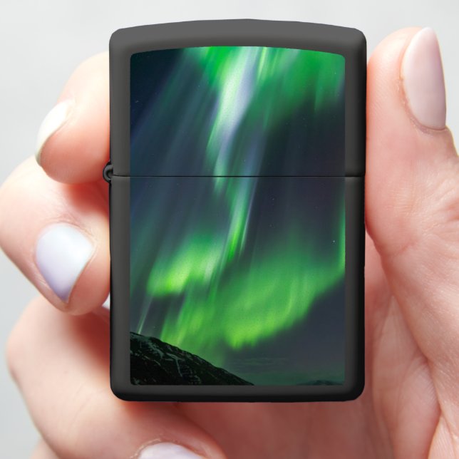 Northern Lights Glowing | North Iceland Zippo Lighter (In Hand)