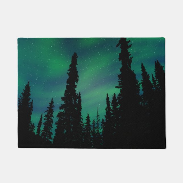 Northern Lights Green Night Sky Forest Doormat (Front)