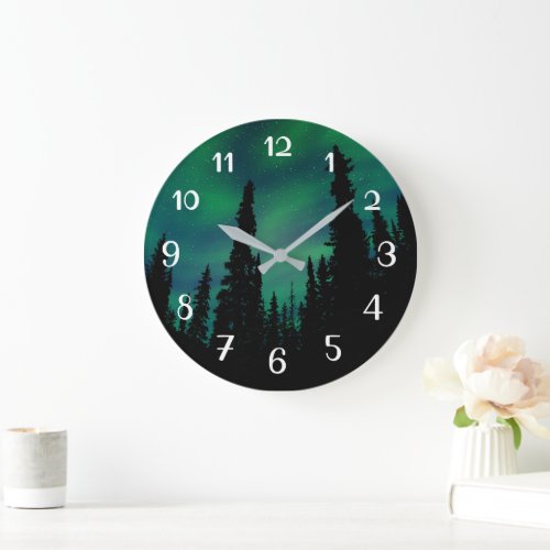 Northern Lights Green Night Sky Forest Large Clock