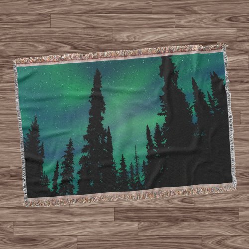 Northern Lights Green Night Sky Forest Throw Blanket