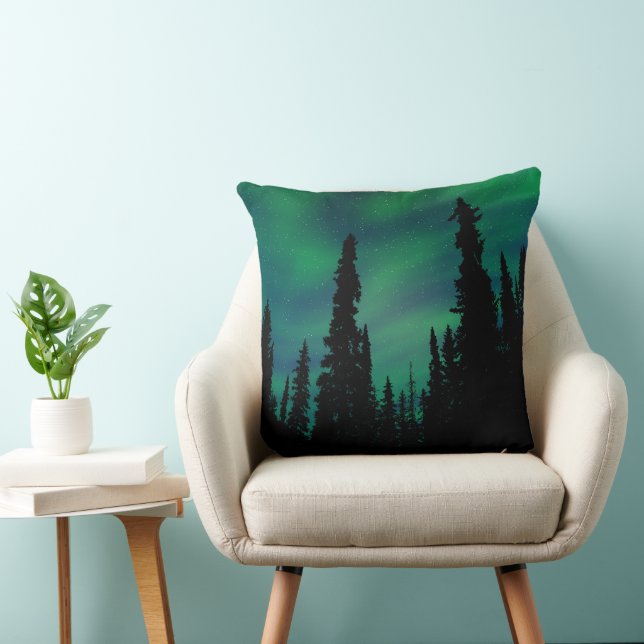 Northern Lights Green Night Sky Forest Throw Pillow (Chair)