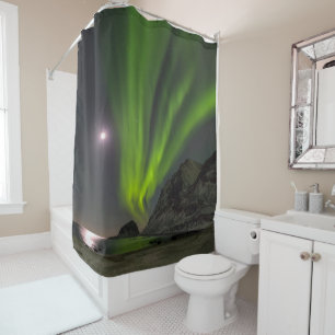 Northern LightS   Haukland Beach Island Norway Shower Curtain
