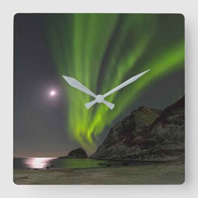 Northern LightS | Haukland Beach Island Norway Square Wall Clock (Front)