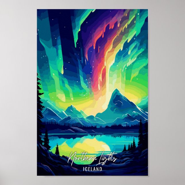 Northern Lights Iceland Art Travel Illustration Poster (Front)