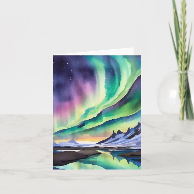 Northern Lights Iceland Watercolor Stationery Card (Front)