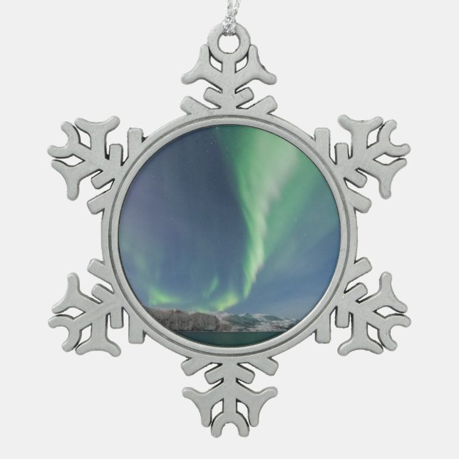 Northern Lights in Norway Snowflake Pewter Christmas Ornament (Front)