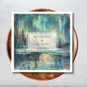 Northern Lights Lake Forest Night Sky Wedding Napkins