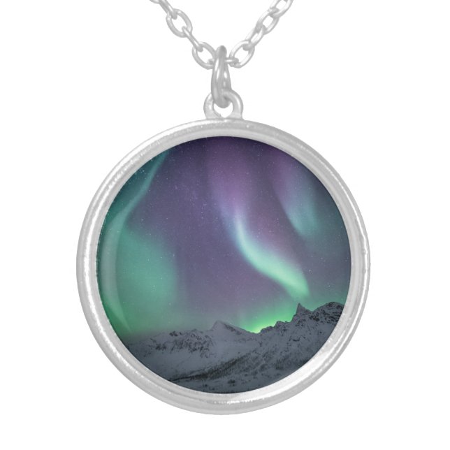 Northern Lights Landscape Photo Silver Plated Necklace (Front)