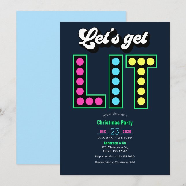 Northern Lights Lets Get Lit Retro Christmas Party Invitation (Front/Back)
