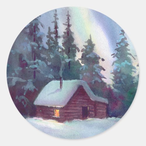 NORTHERN LIGHTS  LOG CABIN by SHARON SHARPE Classic Round Sticker