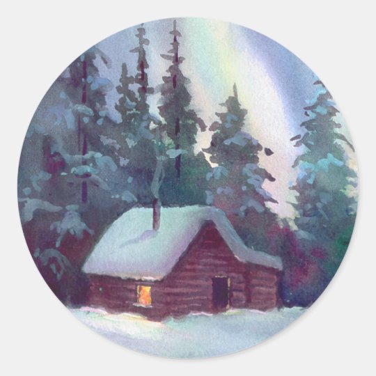 NORTHERN LIGHTS & LOG CABIN by SHARON SHARPE Classic Round Sticker