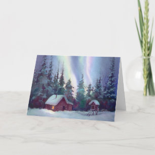 NORTHERN LIGHTS & LOG CABIN by SHARON SHARPE Holiday Card