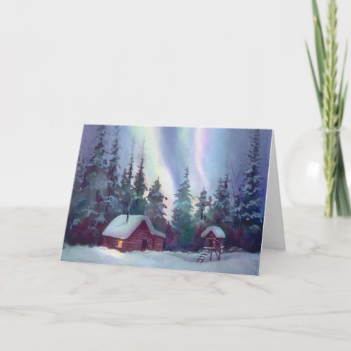 NORTHERN LIGHTS  LOG CABIN by SHARON SHARPE Holiday Card