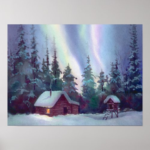 NORTHERN LIGHTS  LOG CABIN by SHARON SHARPE Poster