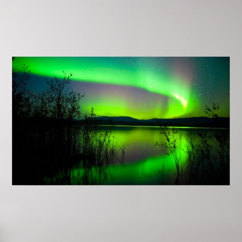 Northern lights mirrored on lake poster