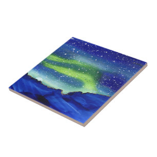 Northern Lights Moon Stars Blue Green Ceramic Tile