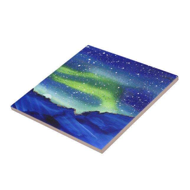 Northern Lights Moon Stars Blue Green  Ceramic Tile (Side)