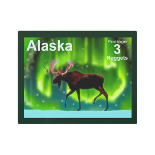 Northern Lights Moose - Alaska Postage Metal Print