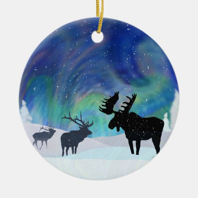 Northern Lights Moose and Elk Ceramic Ornament (Front)