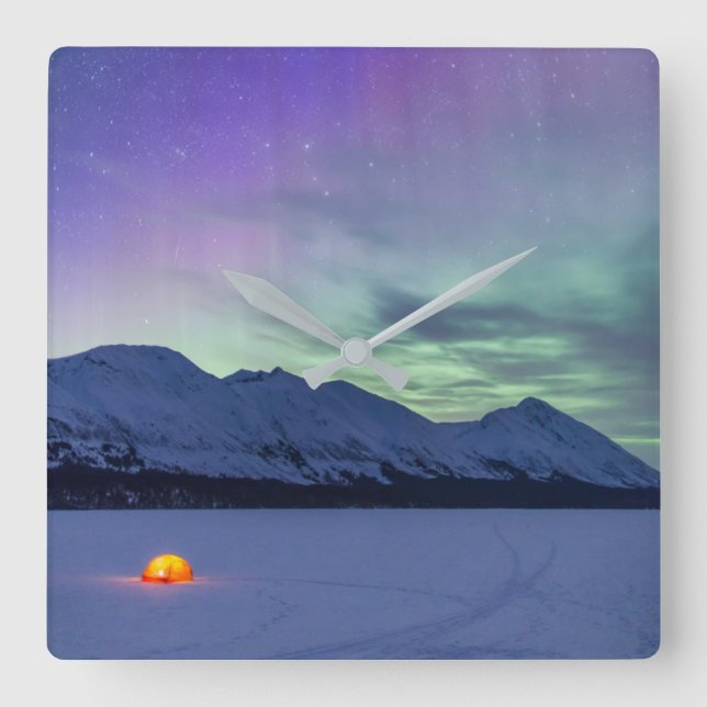 Northern Lights Moose Pass | Kenai Peninsula Square Wall Clock (Front)