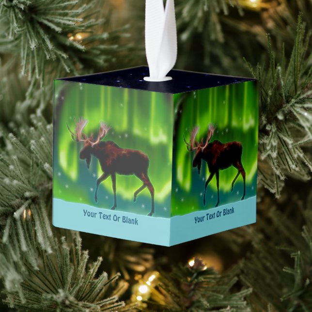 Northern Lights Moose Snowflake Pewter Christmas Cube Ornament (Tree)