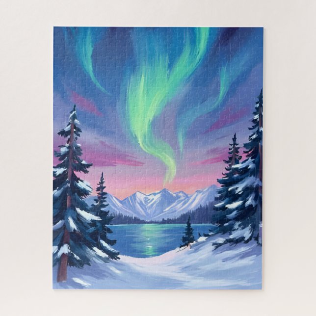 Northern Lights | Mountains Winter Watercolor Jigsaw Puzzle (Vertical)