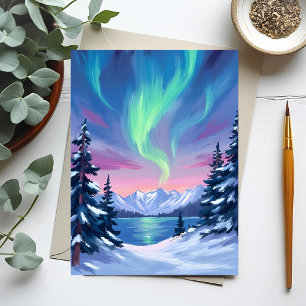 Northern Lights   Mountains Winter Watercolor Postcard