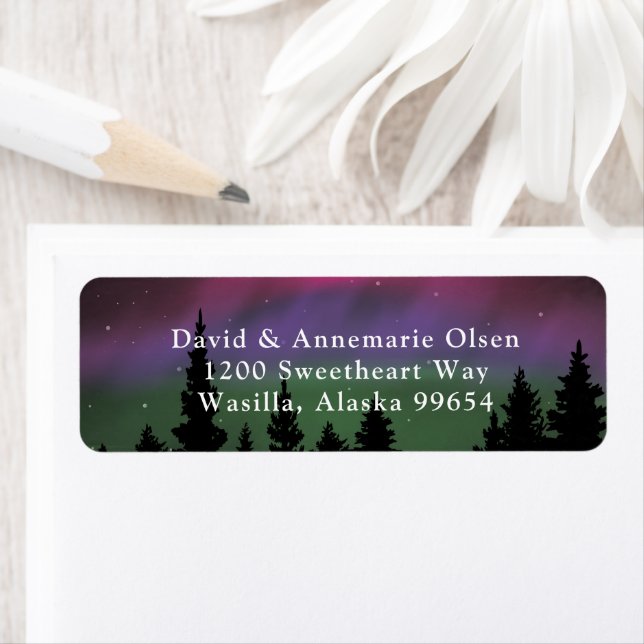 Northern Lights Mountaintop Stars Wedding Label (Insitu)