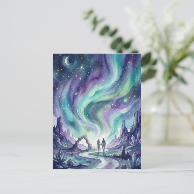 Northern Lights Night Sky Romantic Landscape Postcard (Standing Front)