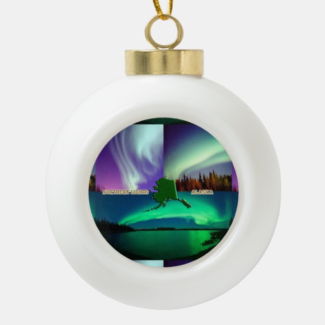 Northern Lights of Alaska Collage Ceramic Ball Christmas Ornament (Front)