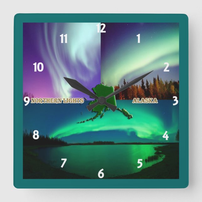 Northern Lights of Alaska Collage Square Wall Clock (Front)