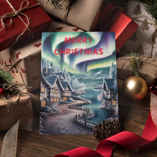 Northern Lights Over a Charming House Christmas  Postcard