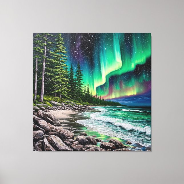 Northern Lights Over a Rocky Coastline Canvas Print (Front)