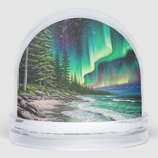 Northern Lights Over a Rocky Coastline Snow Globe