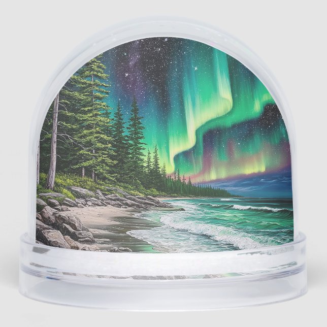Northern Lights Over a Rocky Coastline Snow Globe (Front)