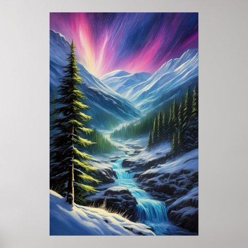 Northern Lights Over Frozen Valley Poster