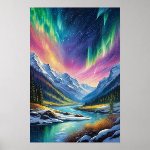 Northern Lights Over Snowy Valley Poster